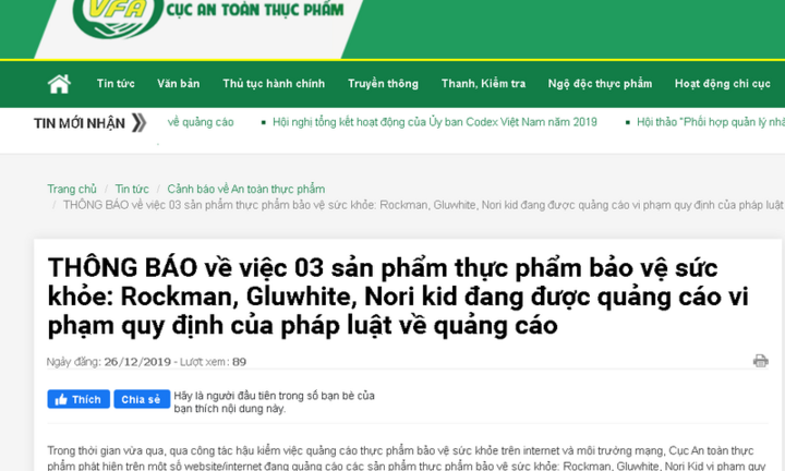 Cục An toàn thực phẩm khuyến cáo không sử dụng sản phẩm Rockman, Gluwhite, Nori kid